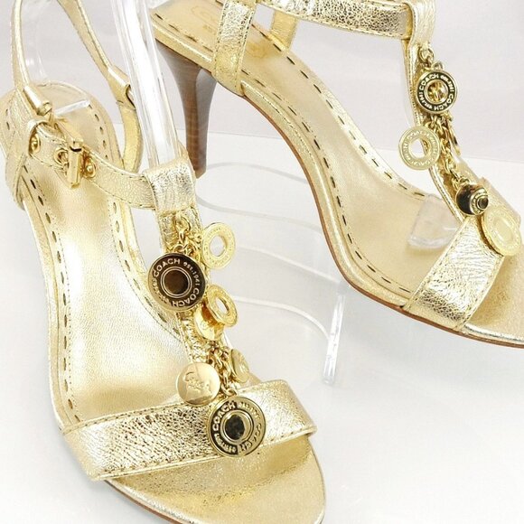 NIB$198 COACH Lucile Shiny Leather T-Strap Lucky Charm Sandals Heels 8 - Picture 1 of 14